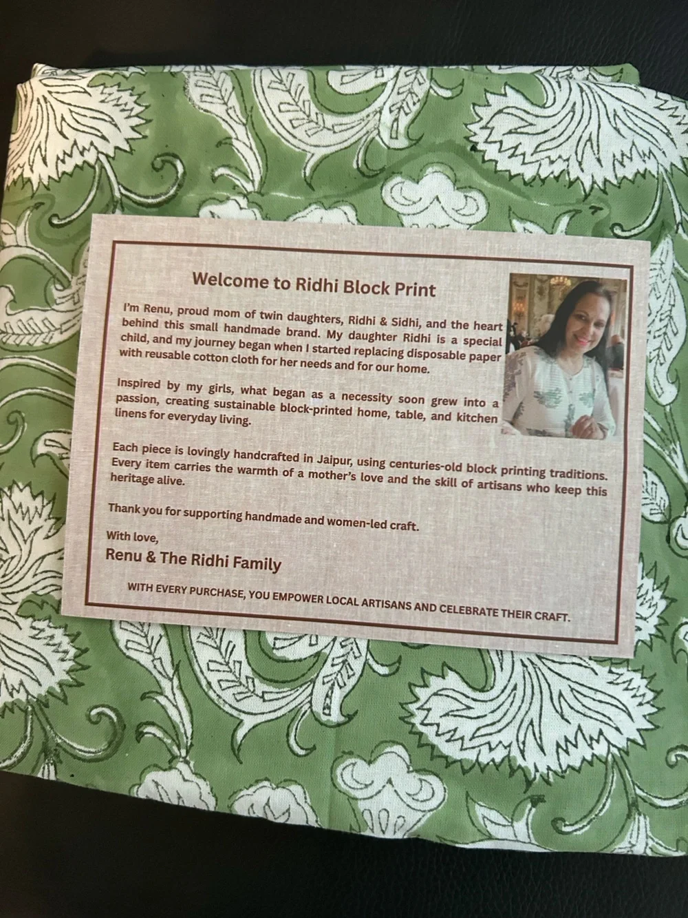 New Green and White Floral India Cotton Tablecloth 60”x60”